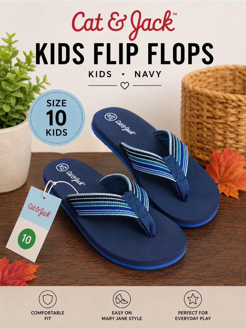Cat & Jack Boys Blue Striped Flip Flops Sandals Size M 2/3 NWT